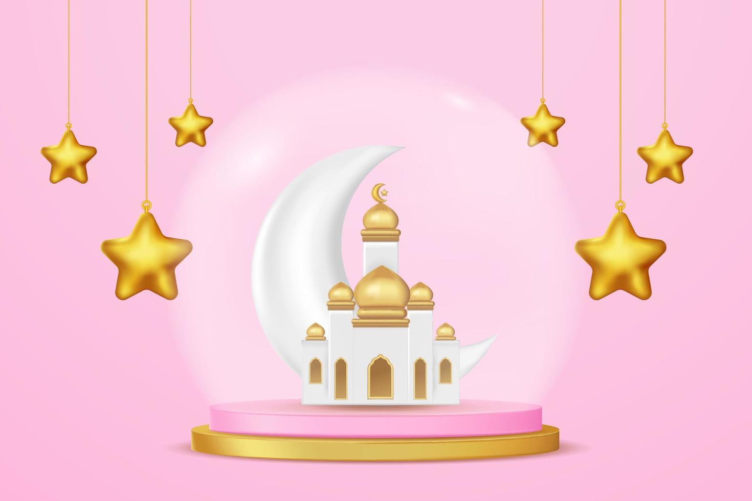 Realistic 3d Islamic celebration with islamic ornament and product podium. Vector 3D Illustration