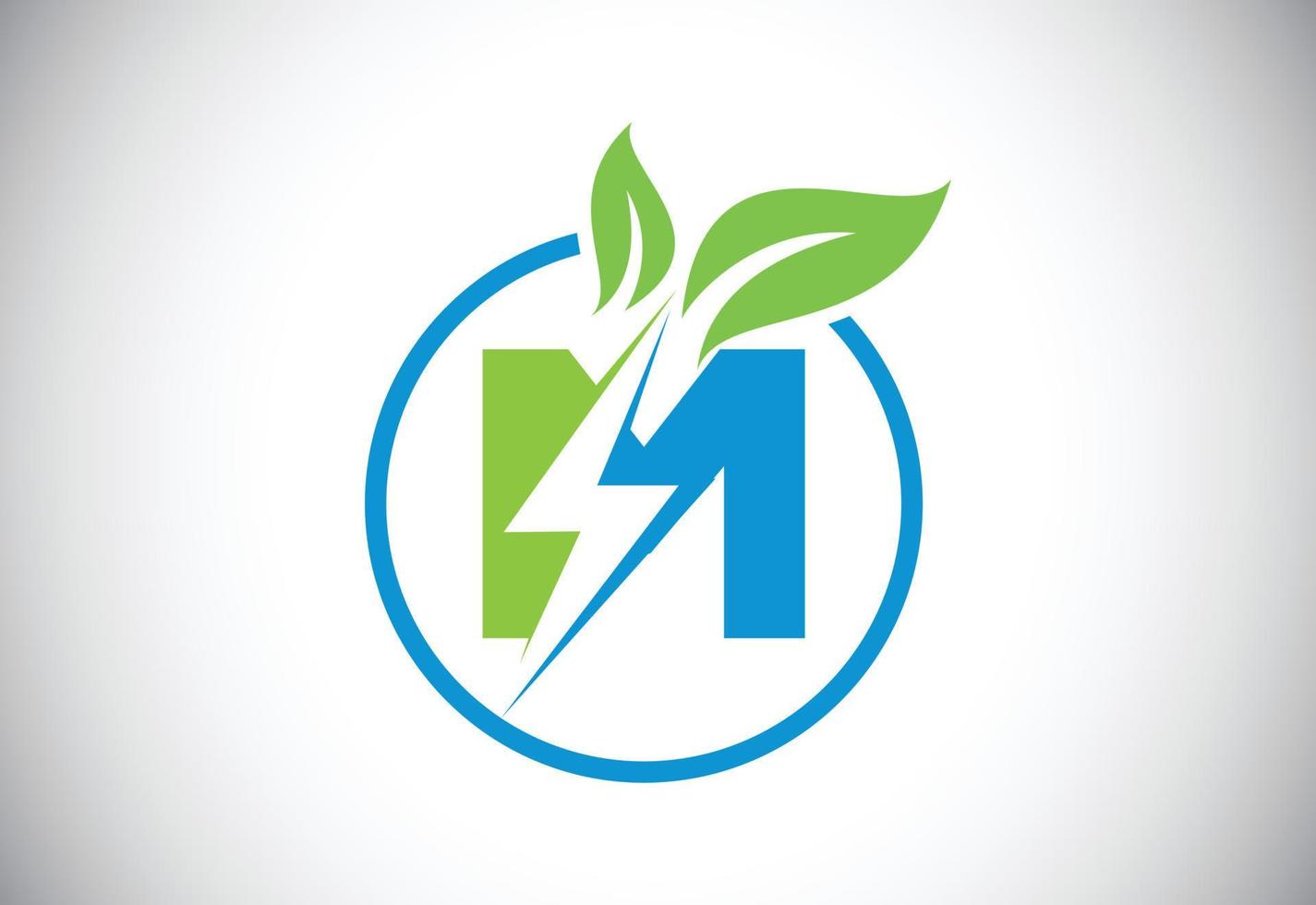 Initial M letter thunderbolt leaf circle or eco energy saver icon. Leaf and thunderbolt icon concept for nature power electric logo vector