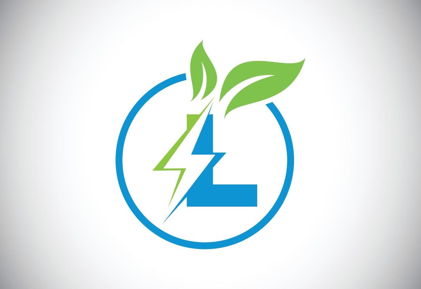 círculo de hoja de rayo de letra l inicial o icono de ahorro de energía ecológica. concepto de icono de hoja y rayo para el logotipo eléctrico de energía natural vector