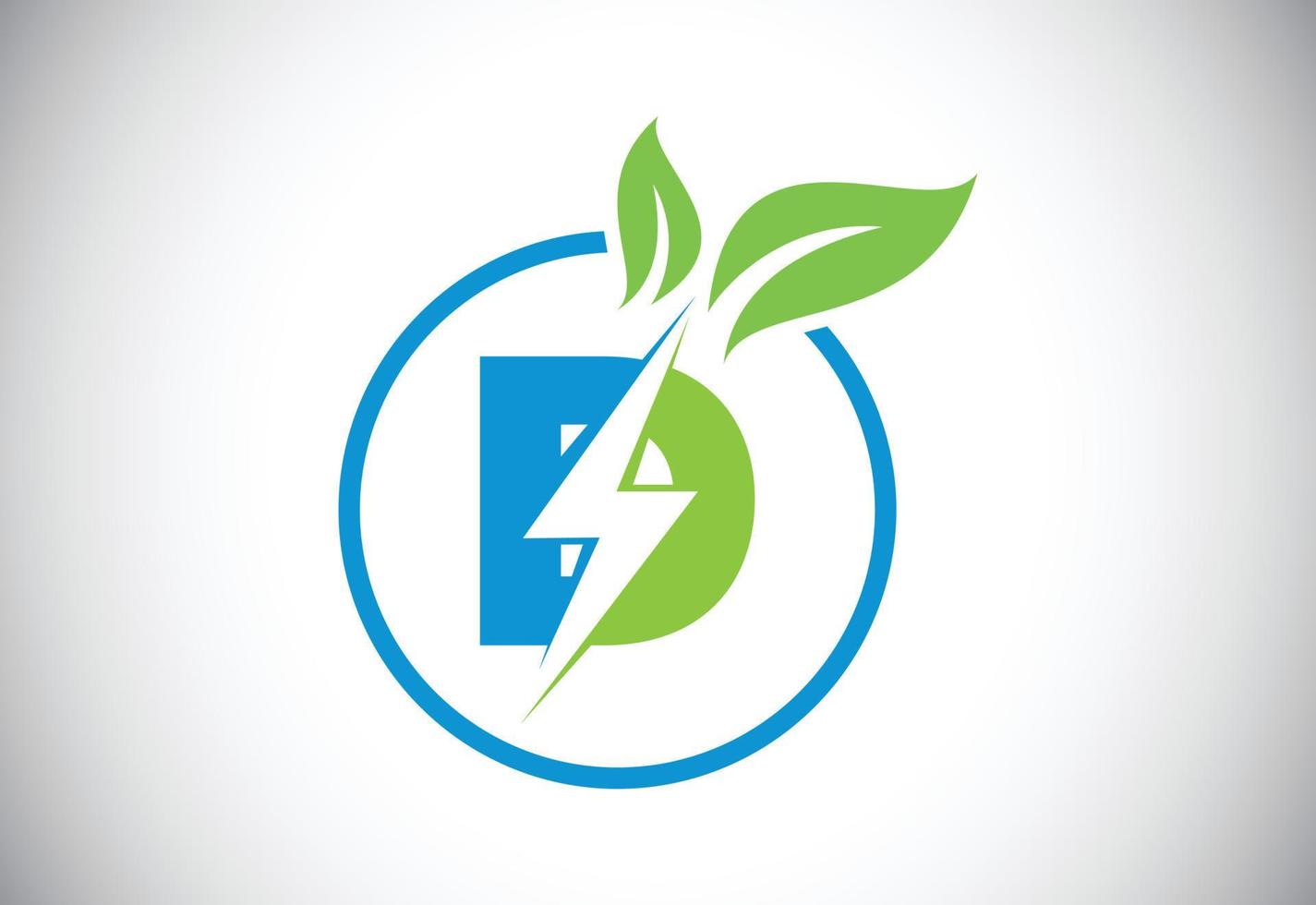 círculo de hoja de rayo de letra d inicial o icono de ahorro de energía ecológica. concepto de icono de hoja y rayo para el logotipo eléctrico de energía natural vector