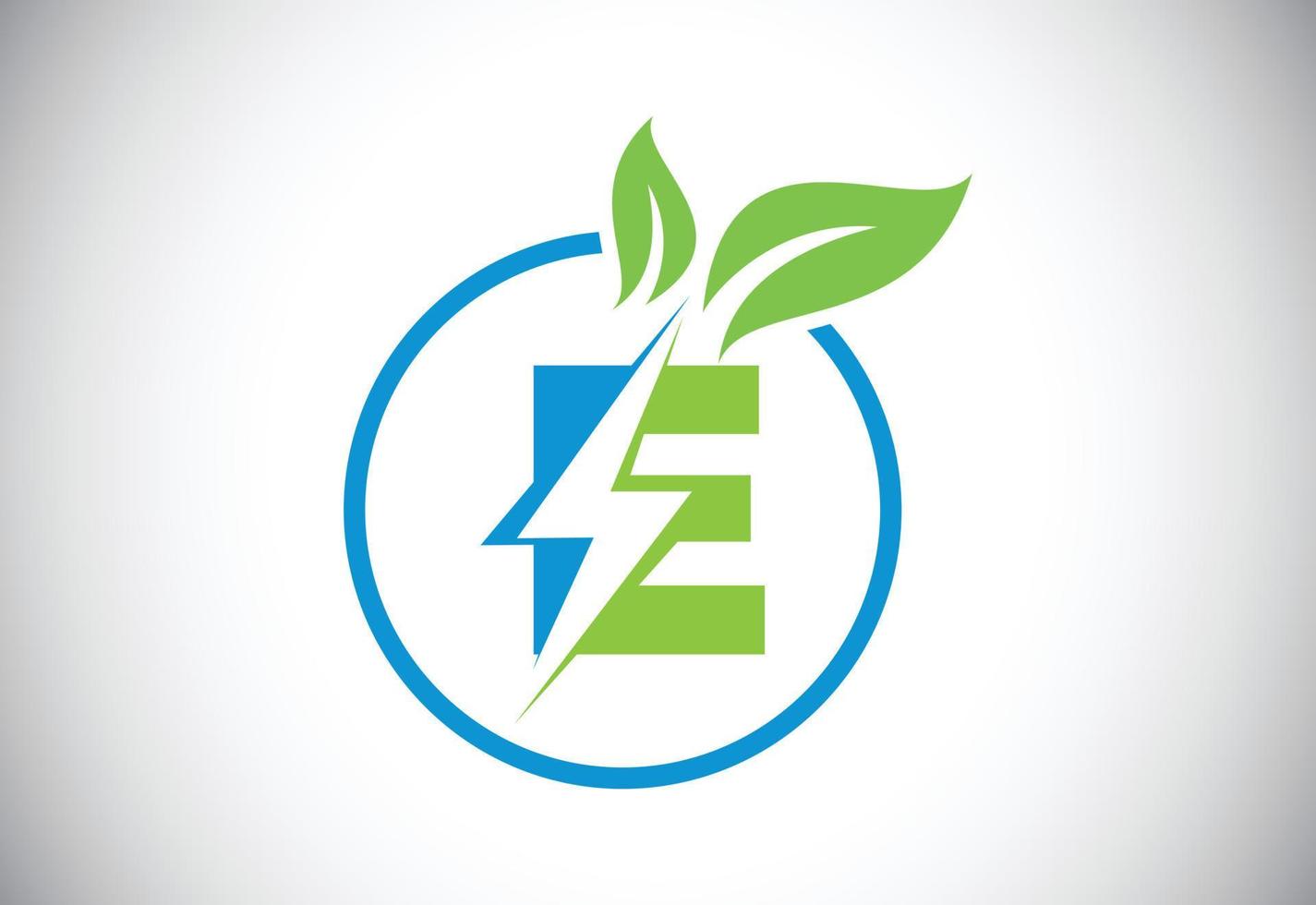 Initial E letter thunderbolt leaf circle or eco energy saver icon. Leaf and thunderbolt icon concept for nature power electric logo vector