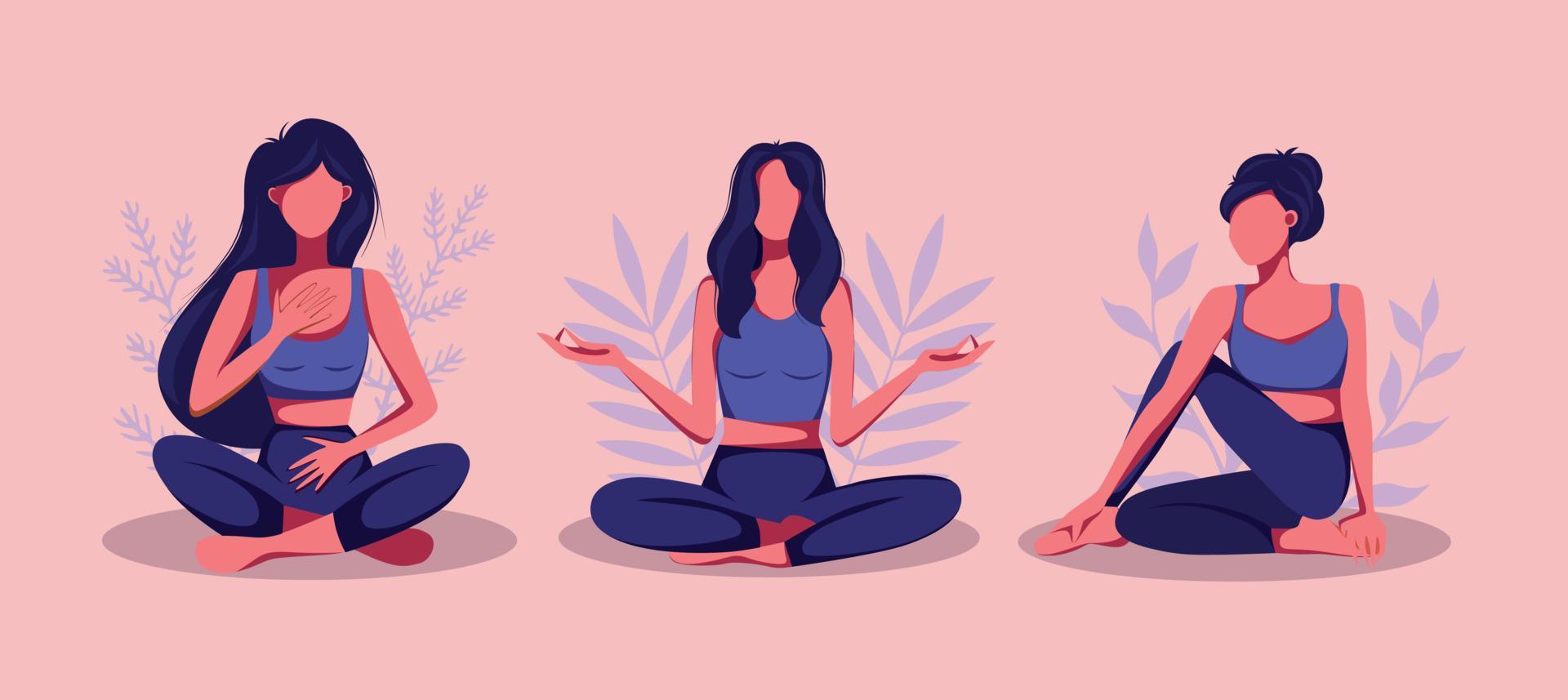 Vector illustration blue pink palette yoga girls set is engaged in yoga and meditation in no face illustration
