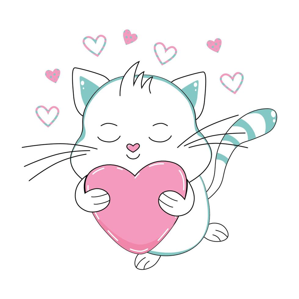 Vector graphic vector illustration cute doodle white cat with heart with stroke postcard website valentine's day holiday