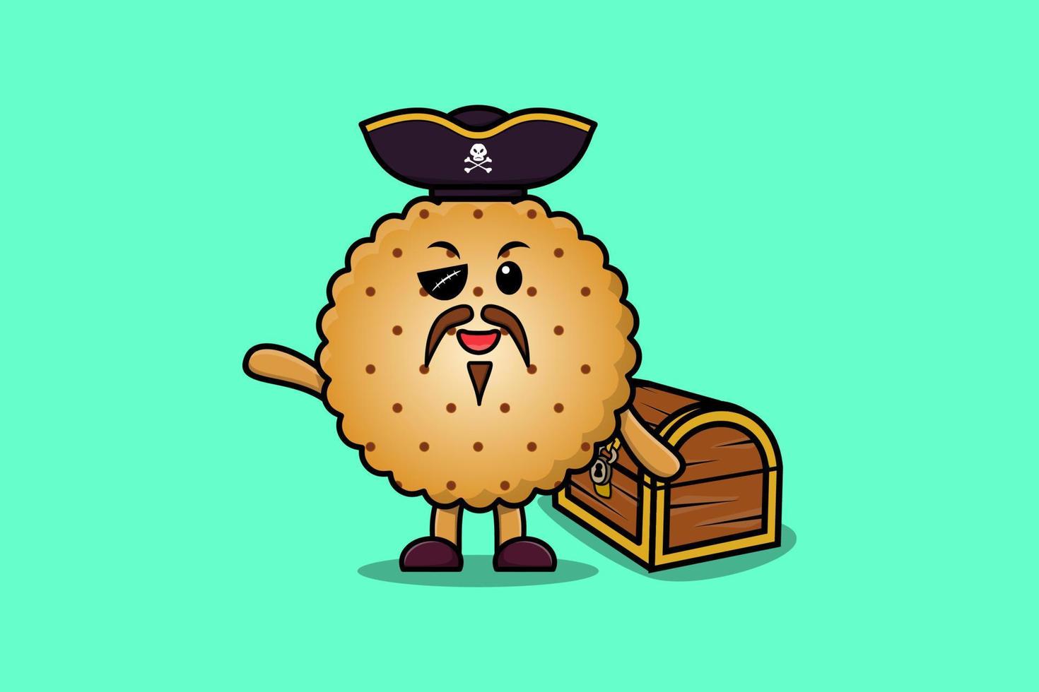 pirata de galletas de dibujos animados lindo con cofre del tesoro vector