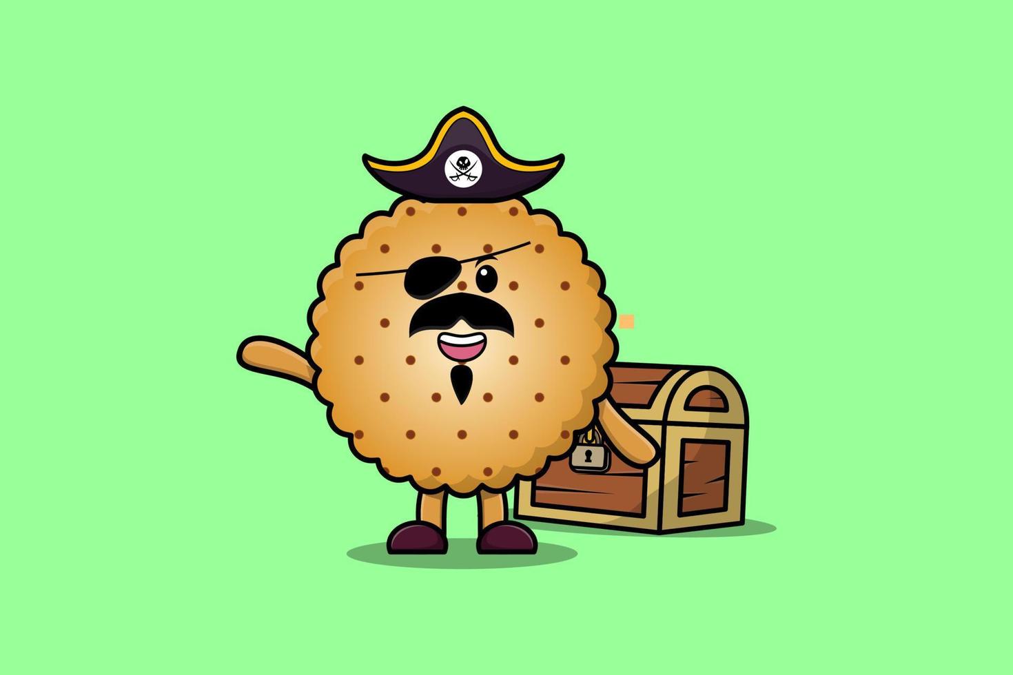 pirata de galletas de dibujos animados lindo con cofre del tesoro vector