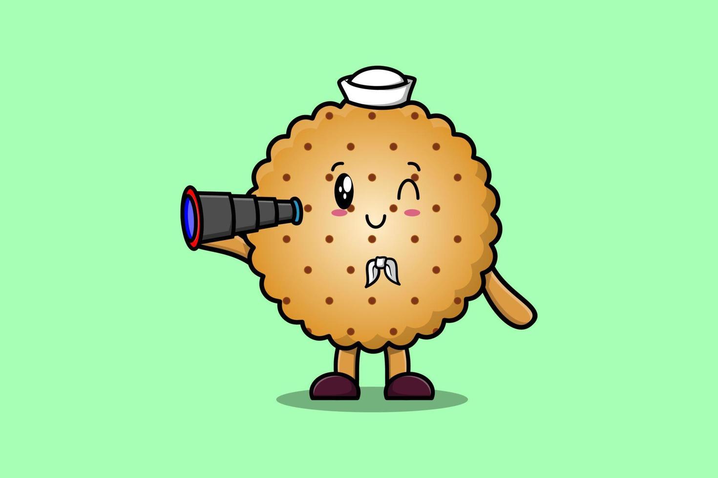 lindo marinero de galletas de dibujos animados usando binocular vector