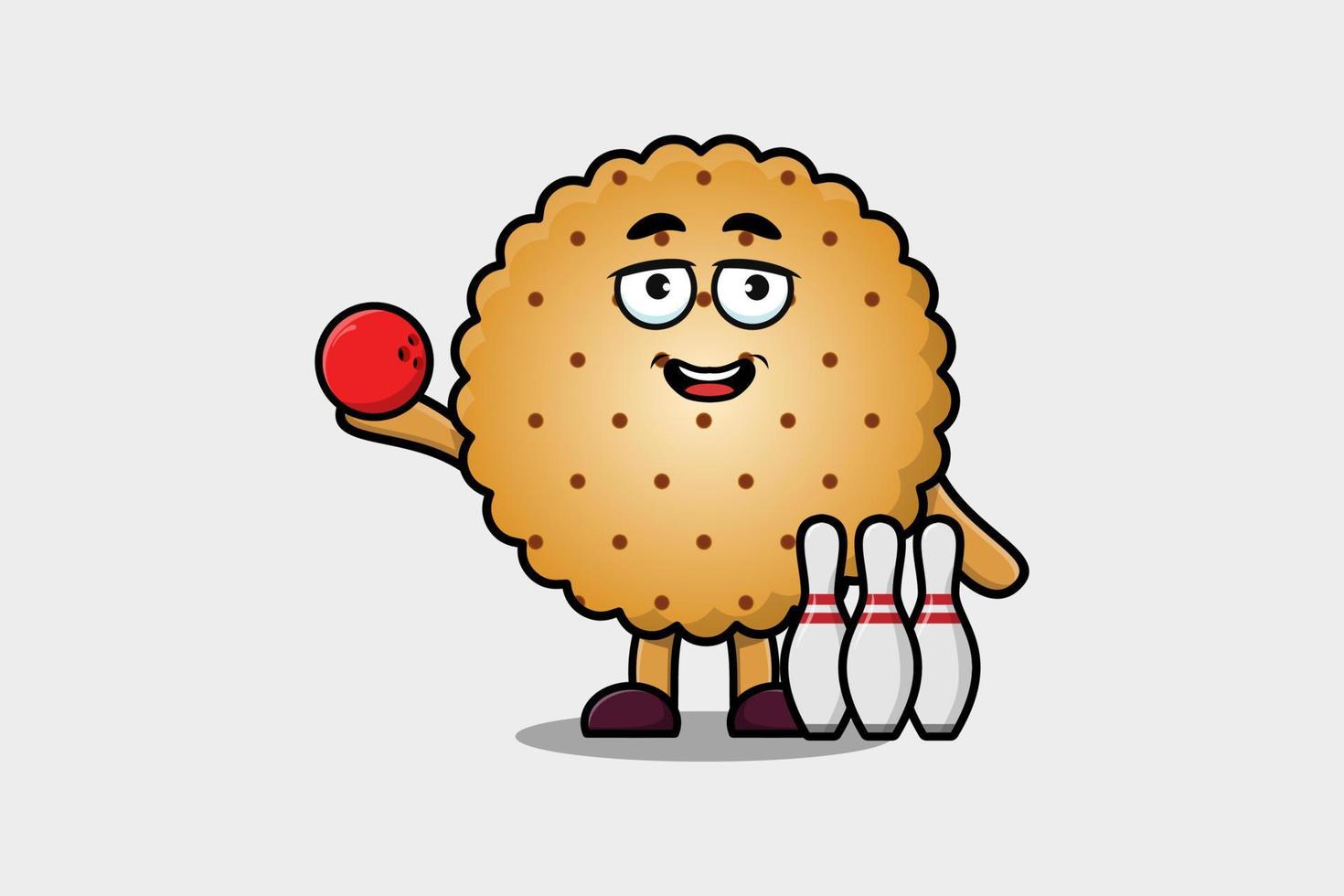 personaje de galletas de dibujos animados lindo jugando bolos vector