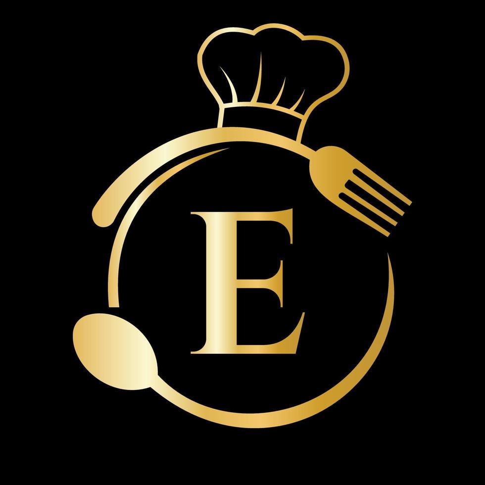 logotipo del restaurante en el concepto de letra e. sombrero de chef, cuchara y tenedor para el logo del restaurante vector