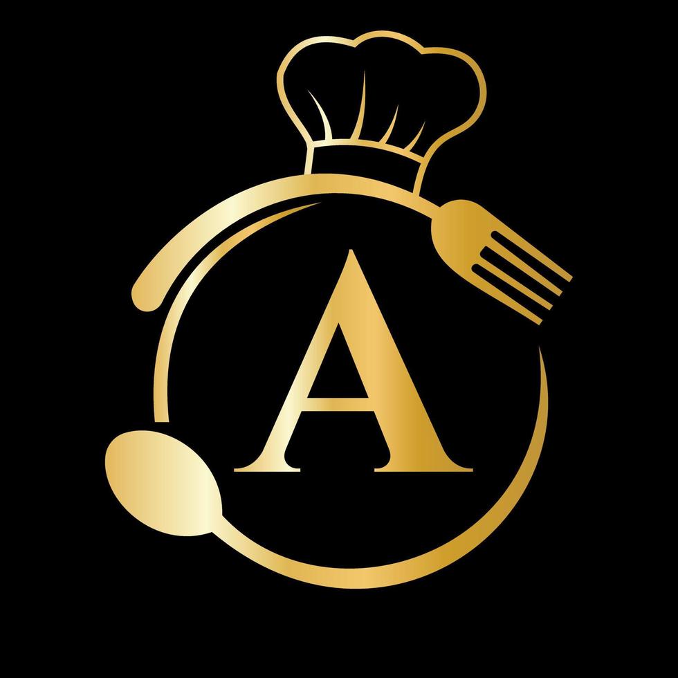 logotipo del restaurante en la letra a concepto. sombrero de chef, cuchara y tenedor para el logo del restaurante vector