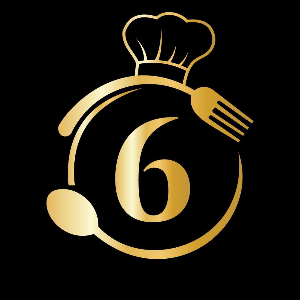 logotipo del restaurante en el concepto de la letra 6. sombrero de chef, cuchara y tenedor para el logo del restaurante vector