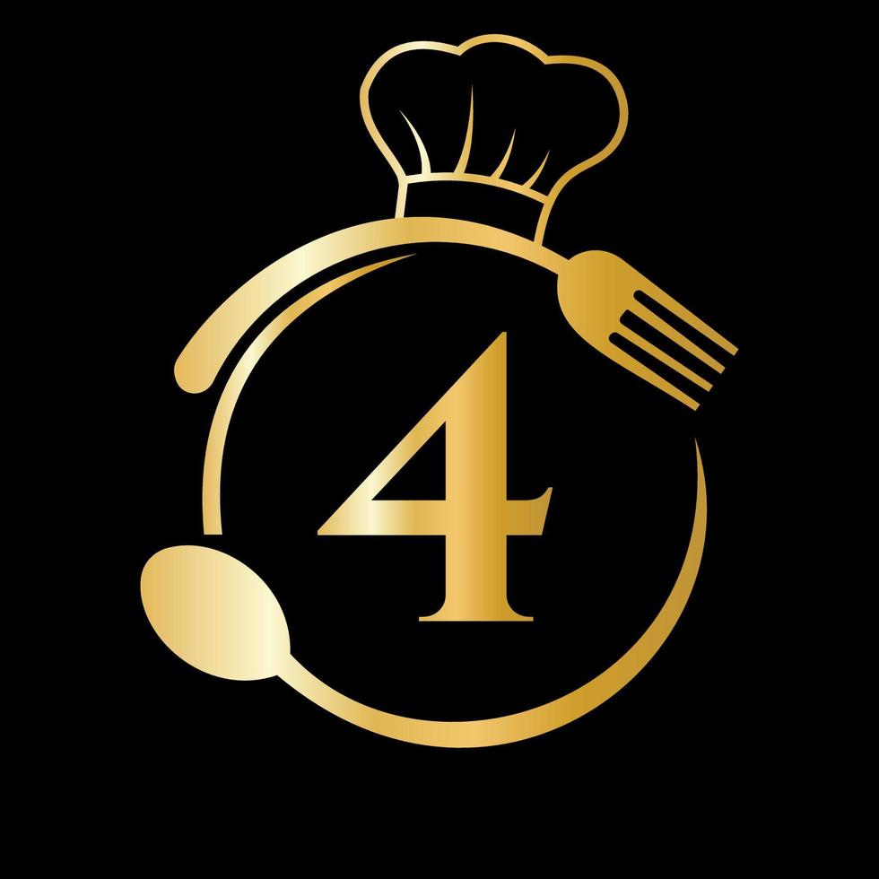 logotipo del restaurante en el concepto de la letra 4. sombrero de chef, cuchara y tenedor para el logo del restaurante vector