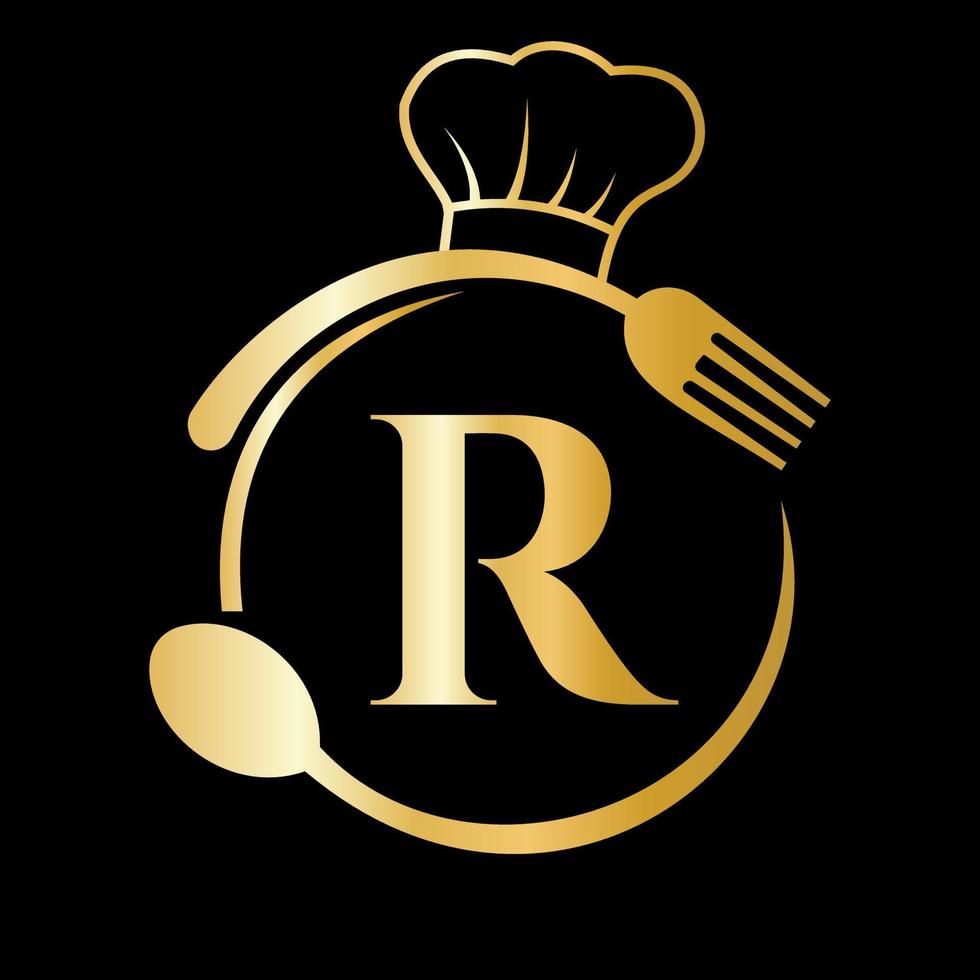 logotipo del restaurante en concepto de letra r. sombrero de chef, cuchara y tenedor para el logo del restaurante vector