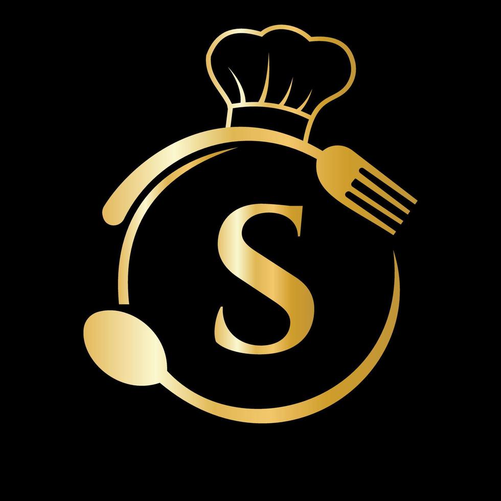 logotipo del restaurante en concepto de letra s. sombrero de chef, cuchara y tenedor para el logo del restaurante vector