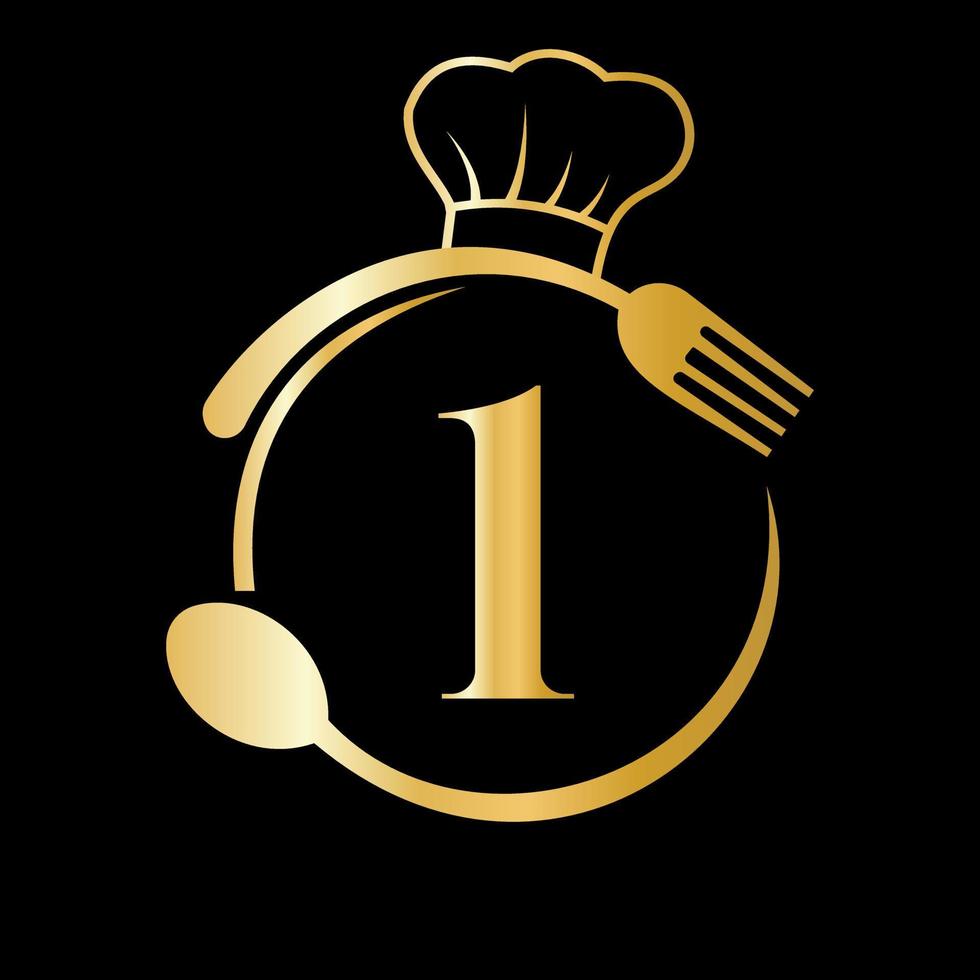 logotipo del restaurante en el concepto de la letra 1. sombrero de chef, cuchara y tenedor para el logo del restaurante vector