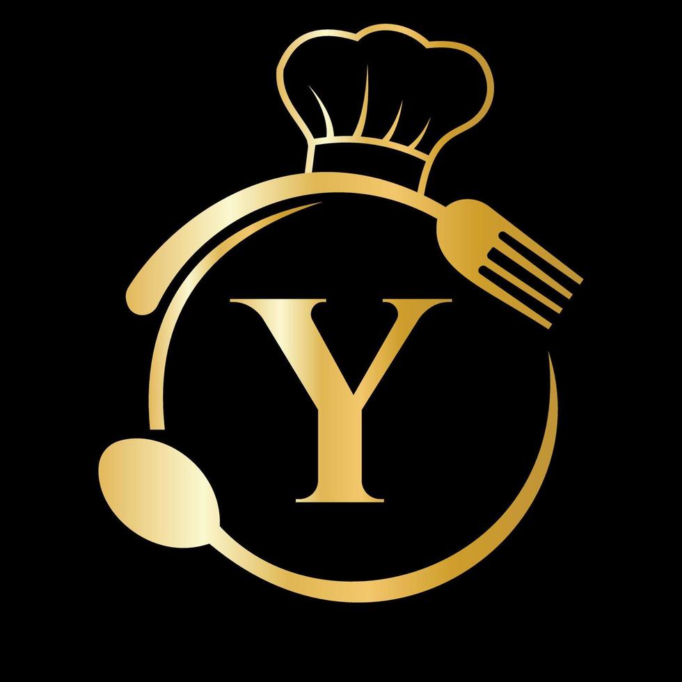 logotipo del restaurante en el concepto de letra y. sombrero de chef, cuchara y tenedor para el logo del restaurante vector