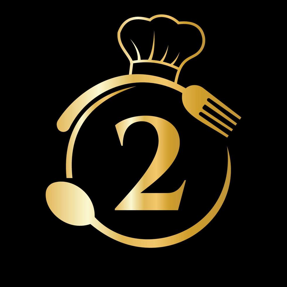 logotipo del restaurante en el concepto de la letra 2. sombrero de chef, cuchara y tenedor para el logo del restaurante vector