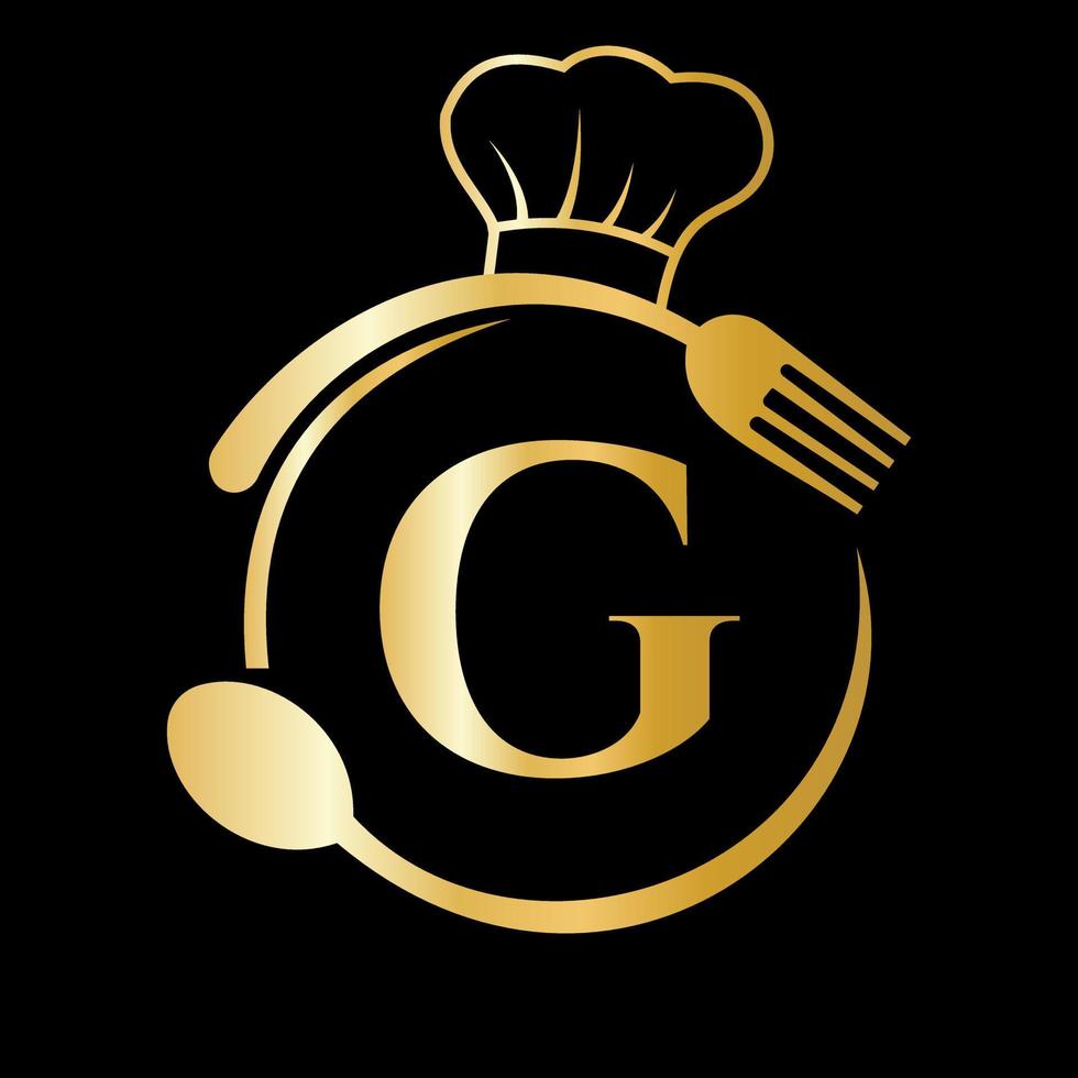 logotipo del restaurante en concepto de letra g. sombrero de chef, cuchara y tenedor para el logo del restaurante vector