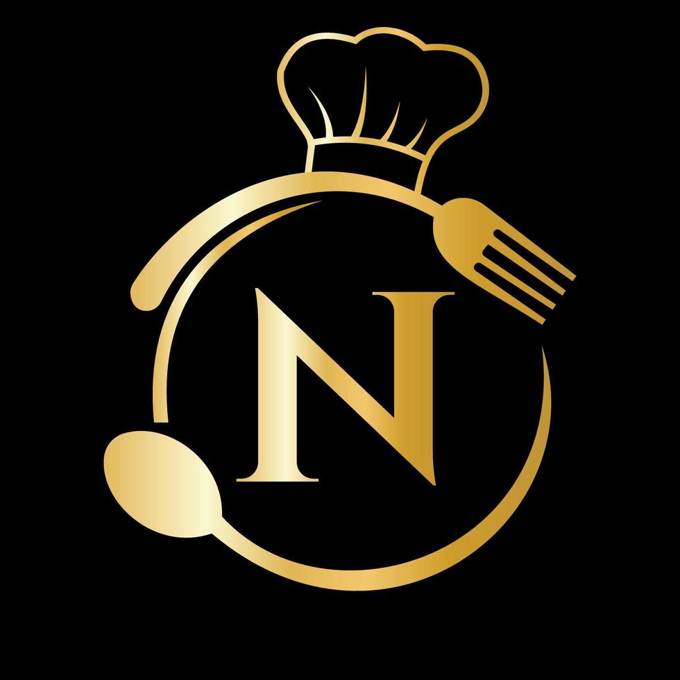 Restaurant Logo on Letter N Concept. Chef Hat, Spoon And Fork For Restaurant Logo vector