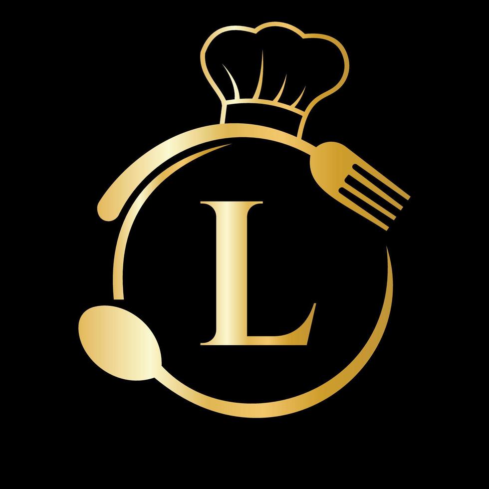 logotipo del restaurante en el concepto de letra l. sombrero de chef, cuchara y tenedor para el logo del restaurante vector