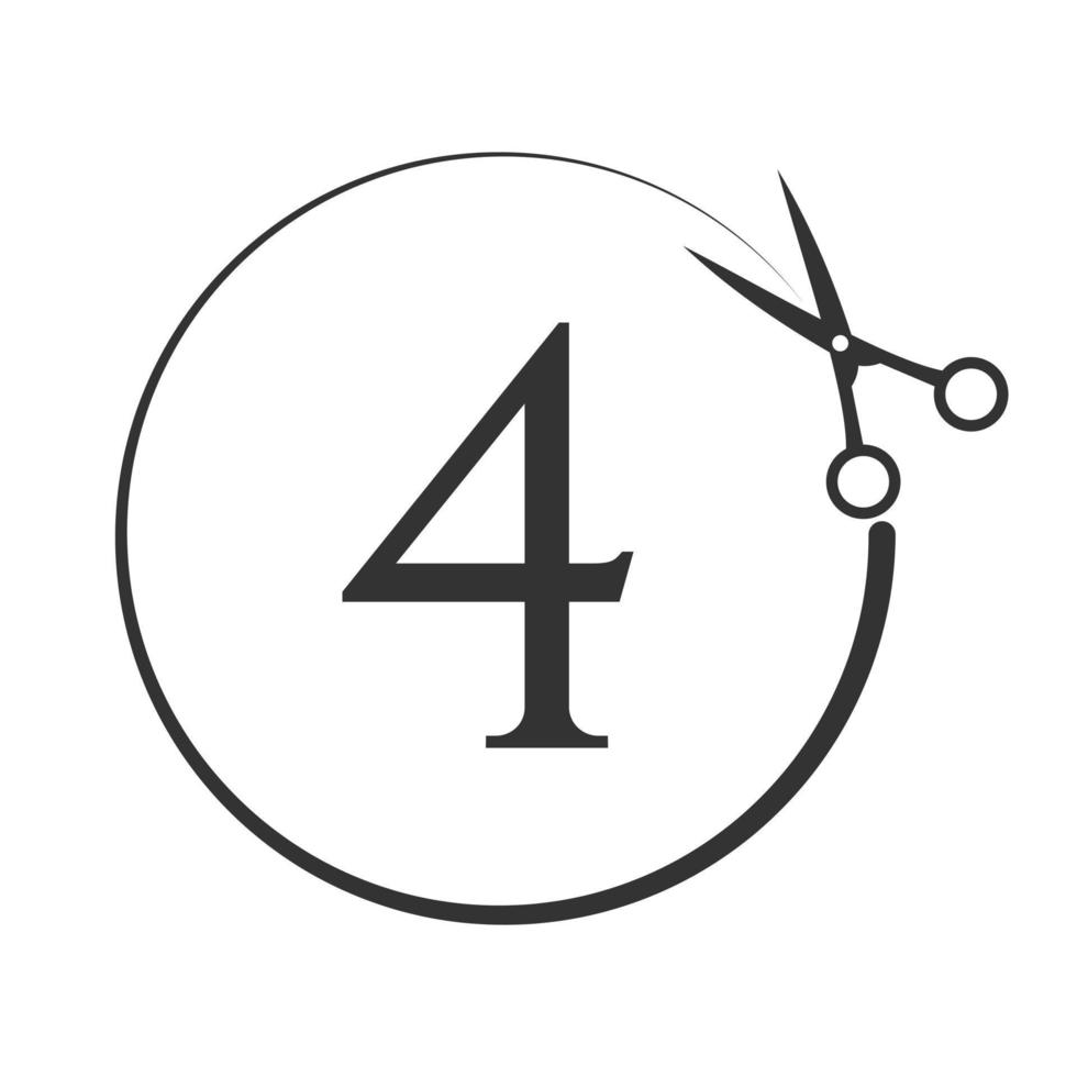 Salon and Hair Cutting Logo on Letter 4 Sign. Scissors Icon with Logotype Concept vector