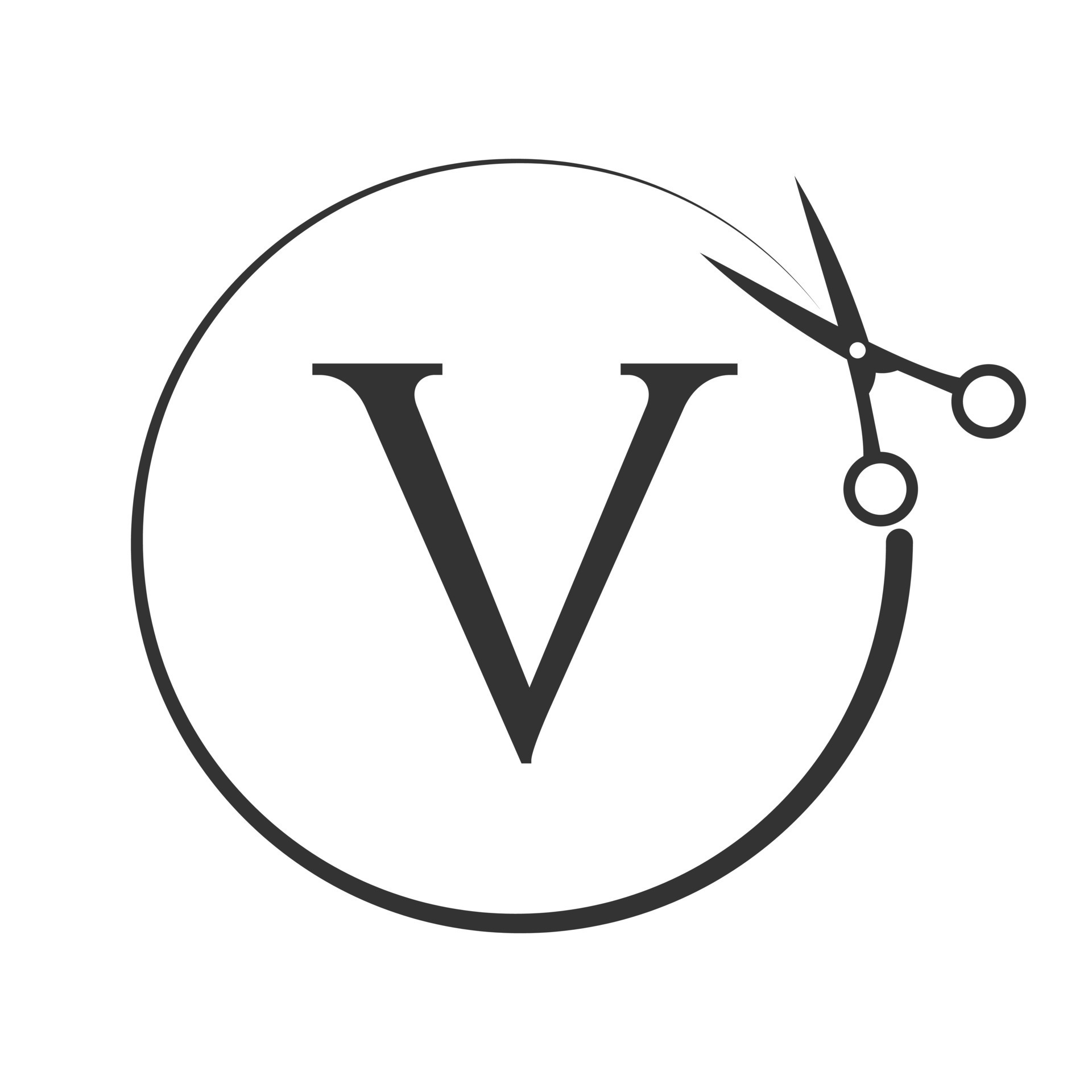 Salon and Hair Cutting Logo on Letter V Sign. Scissors Icon with