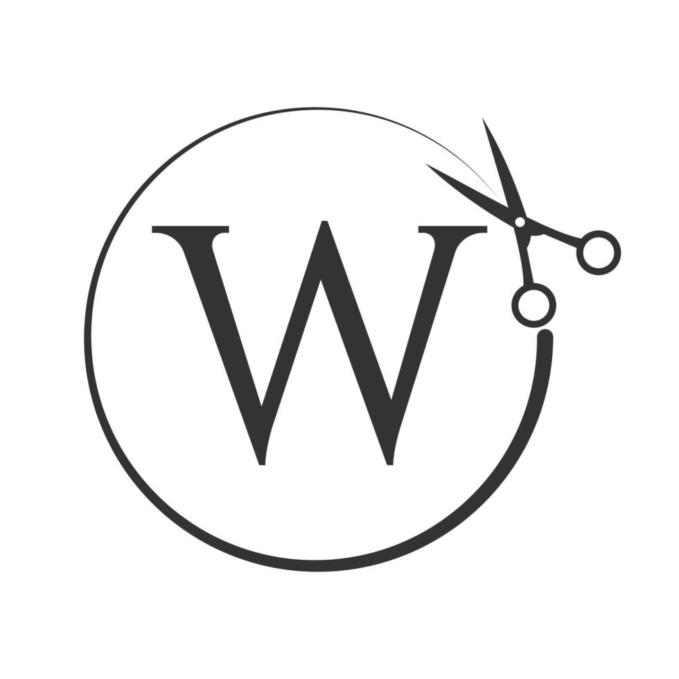 logotipo de salón y corte de pelo en el cartel de la letra w. icono de tijeras con concepto de logotipo vector