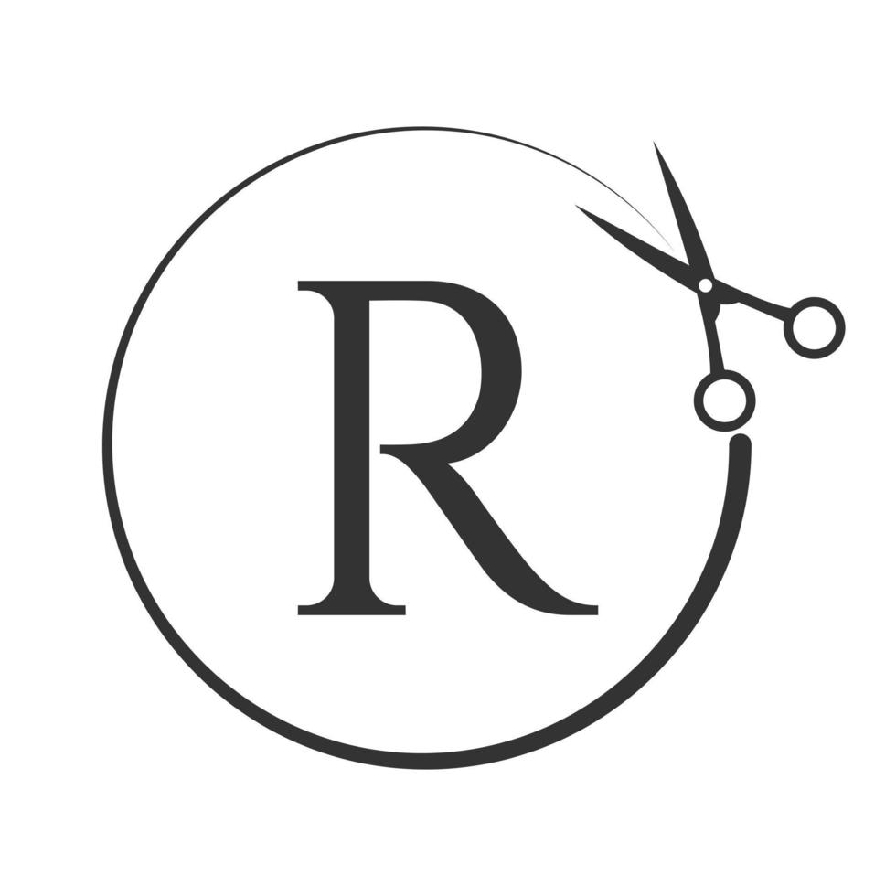 logotipo de salón y corte de pelo en el cartel de la letra r. icono de tijeras con concepto de logotipo vector