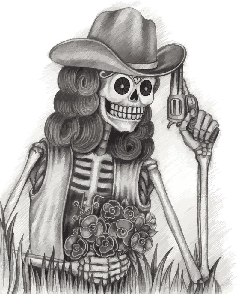 Art fancy cowgirl skull day of the dead. Hand drawing and make graphic vector. vector