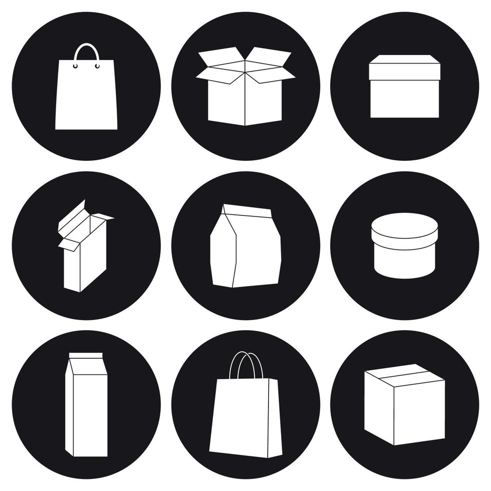 conjunto de iconos de cajas. blanco sobre un fondo negro vector