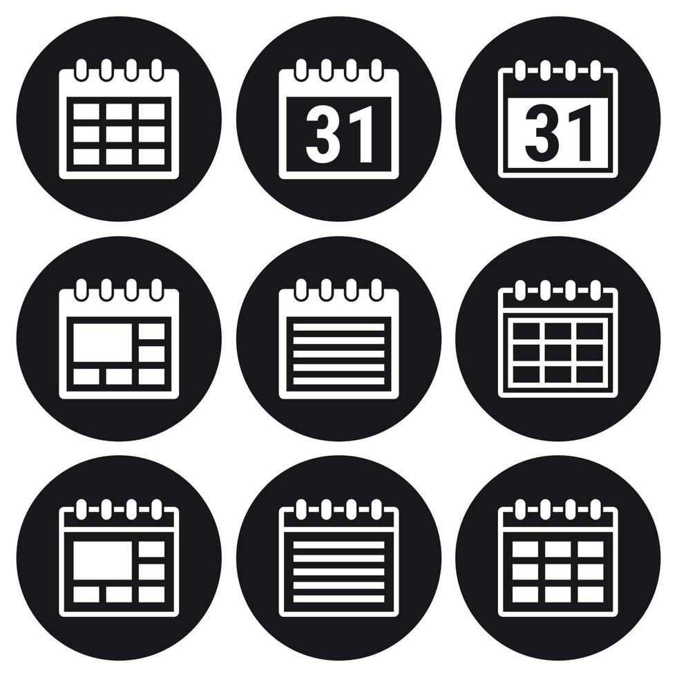 Calendar icons set. White on a black background vector