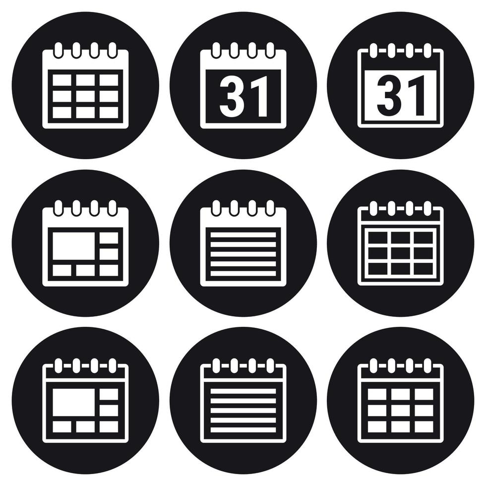 conjunto de iconos de calendario. blanco sobre un fondo negro vector