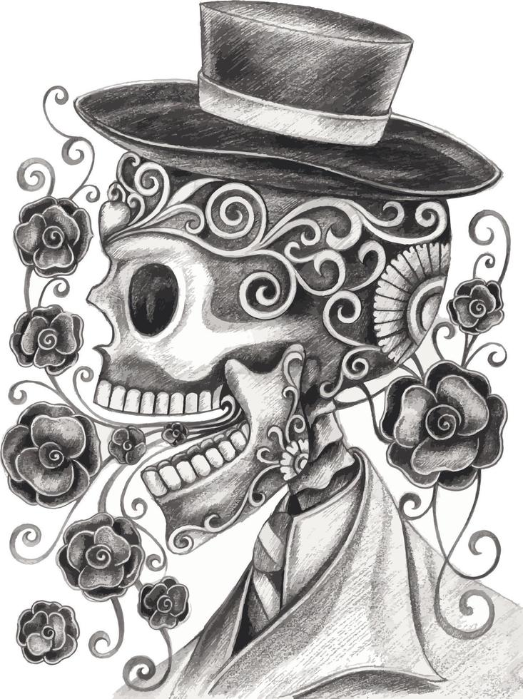 art fancy calavera dia de muertos. dibujo a mano y hacer vector gráfico.