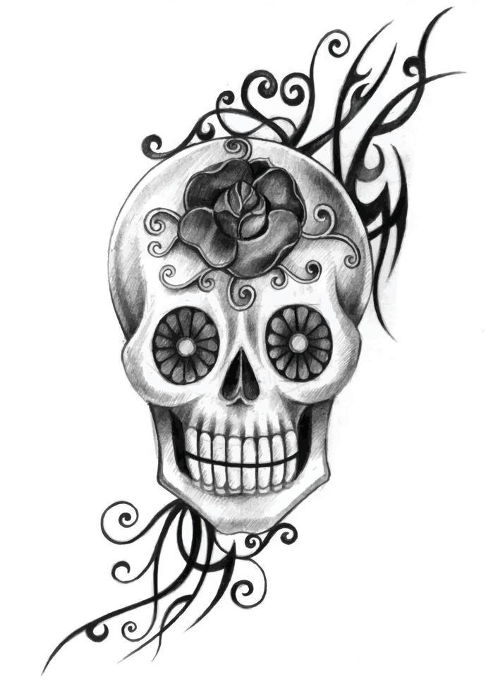 Art fancy skull tattoo. Hand drawing and make graphic vector. vector