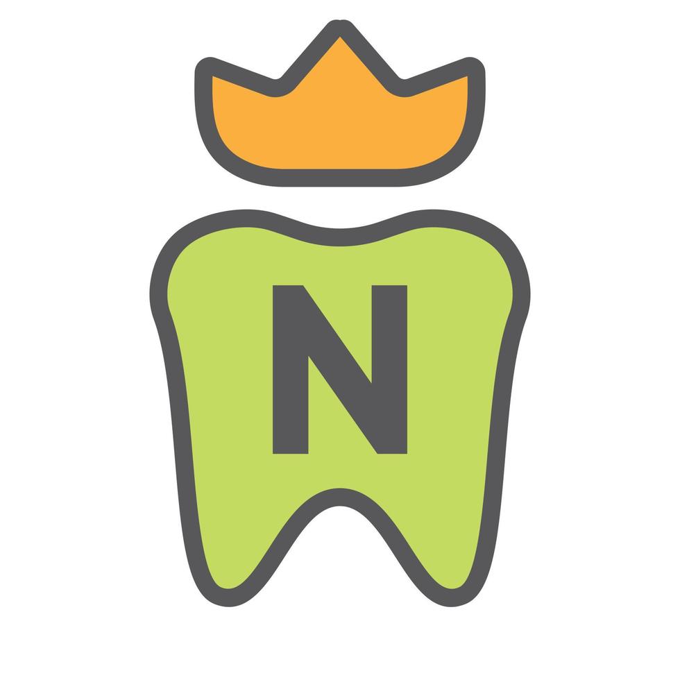 diseño de logotipo dental en el símbolo de la corona de la letra n. signo de logotipo de cuidado dental, diseño de logotipo de rey de dientes de clínica con plantilla de vector de lujo