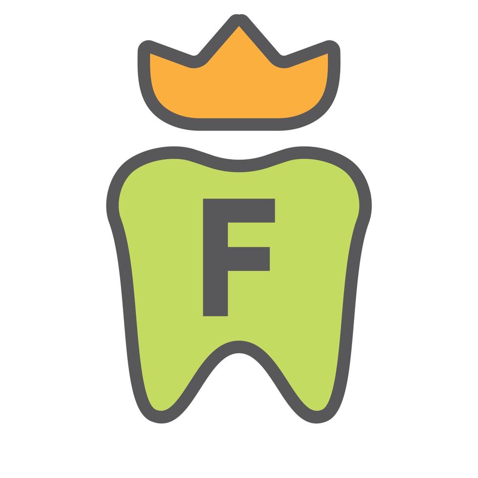 diseño de logotipo dental en el símbolo de la corona de la letra f. signo de logotipo de cuidado dental, diseño de logotipo de rey de dientes de clínica con plantilla de vector de lujo