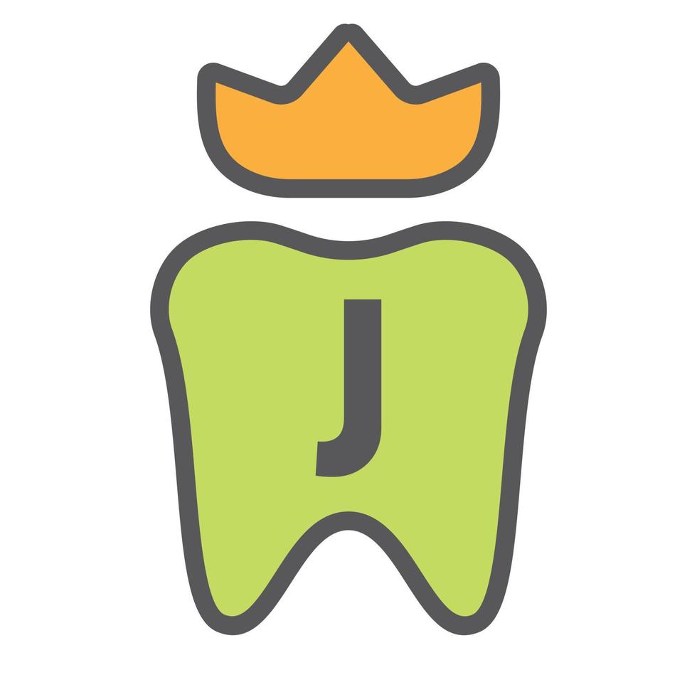 diseño de logotipo dental en el símbolo de la corona de la letra j. signo de logotipo de cuidado dental, diseño de logotipo de rey de dientes de clínica con plantilla de vector de lujo