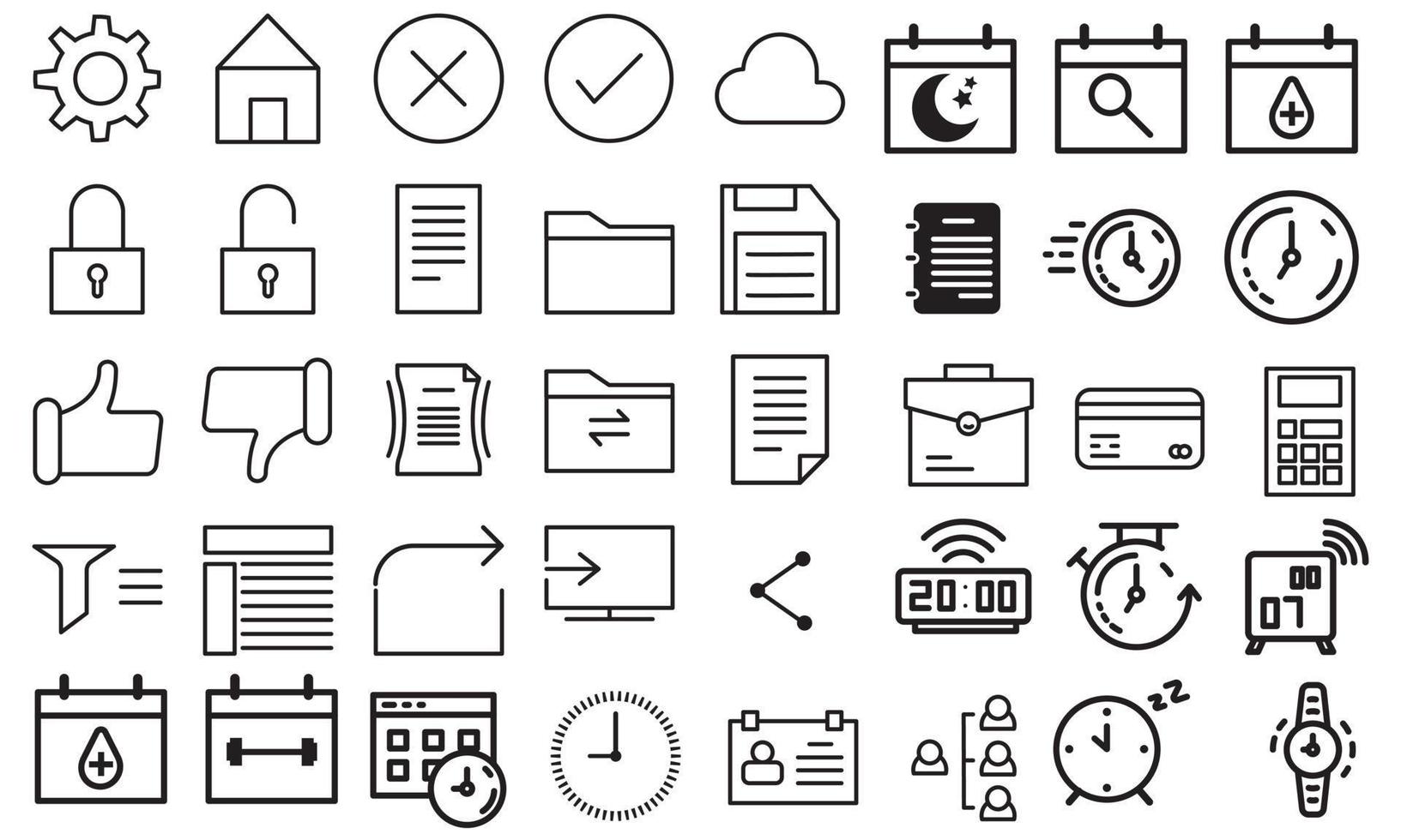 symbols of time management. Vector icon set. Time and clock, calendar office, planning and organization illustration