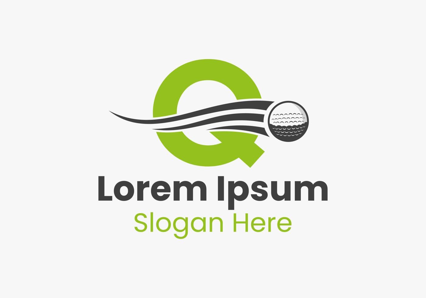 letra q concepto de logotipo de golf con icono de pelota de golf en movimiento. plantilla de logotipo deportivo de hockey vector