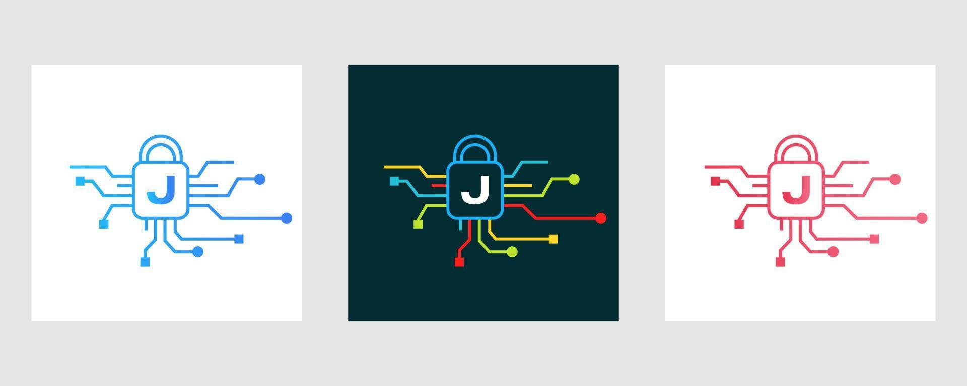 logotipo de seguridad cibernética de la letra j. señal de seguridad de Internet, protección cibernética, tecnología, símbolo de biotecnología vector
