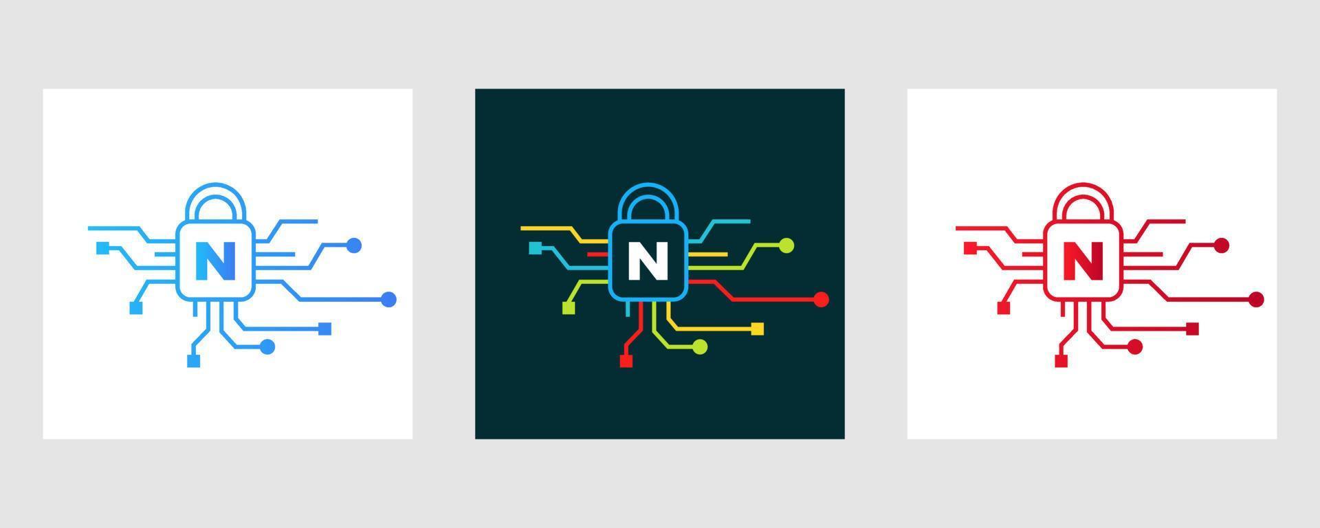 logotipo de la letra n ciberseguridad. señal de seguridad de Internet, protección cibernética, tecnología, símbolo de biotecnología vector