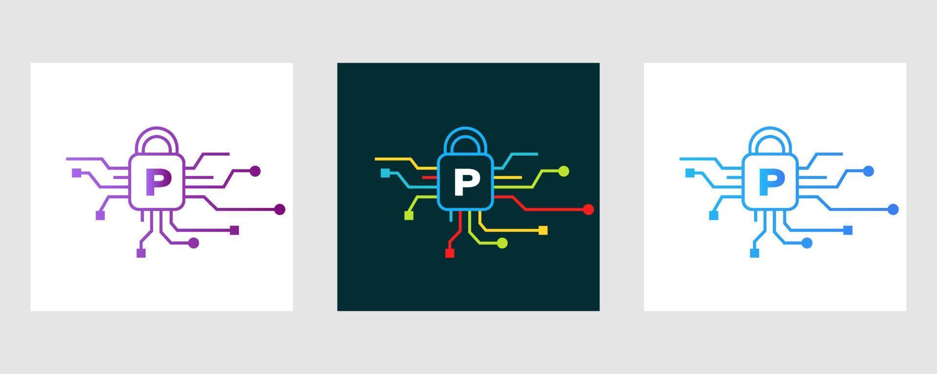 Letter P Cyber Security Logo. Internet Security Sign, Cyber Protection, Technology, Biotechnology Symbol vector