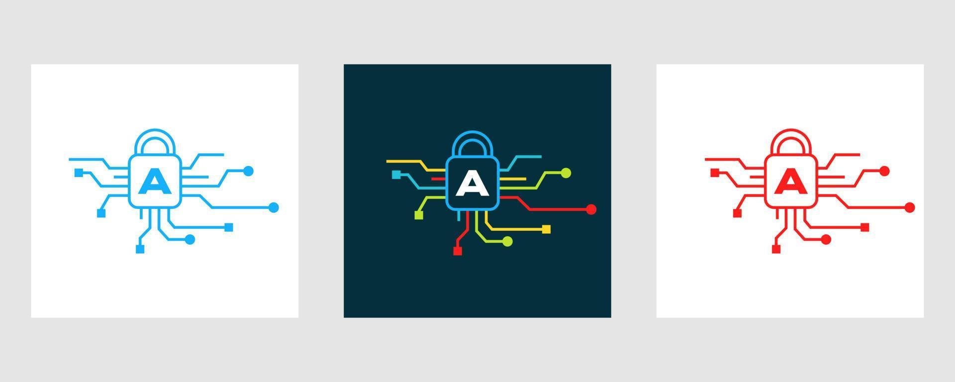 Letter A Cyber Security Logo. Internet Security Sign, Cyber Protection, Technology, Biotechnology Symbol vector