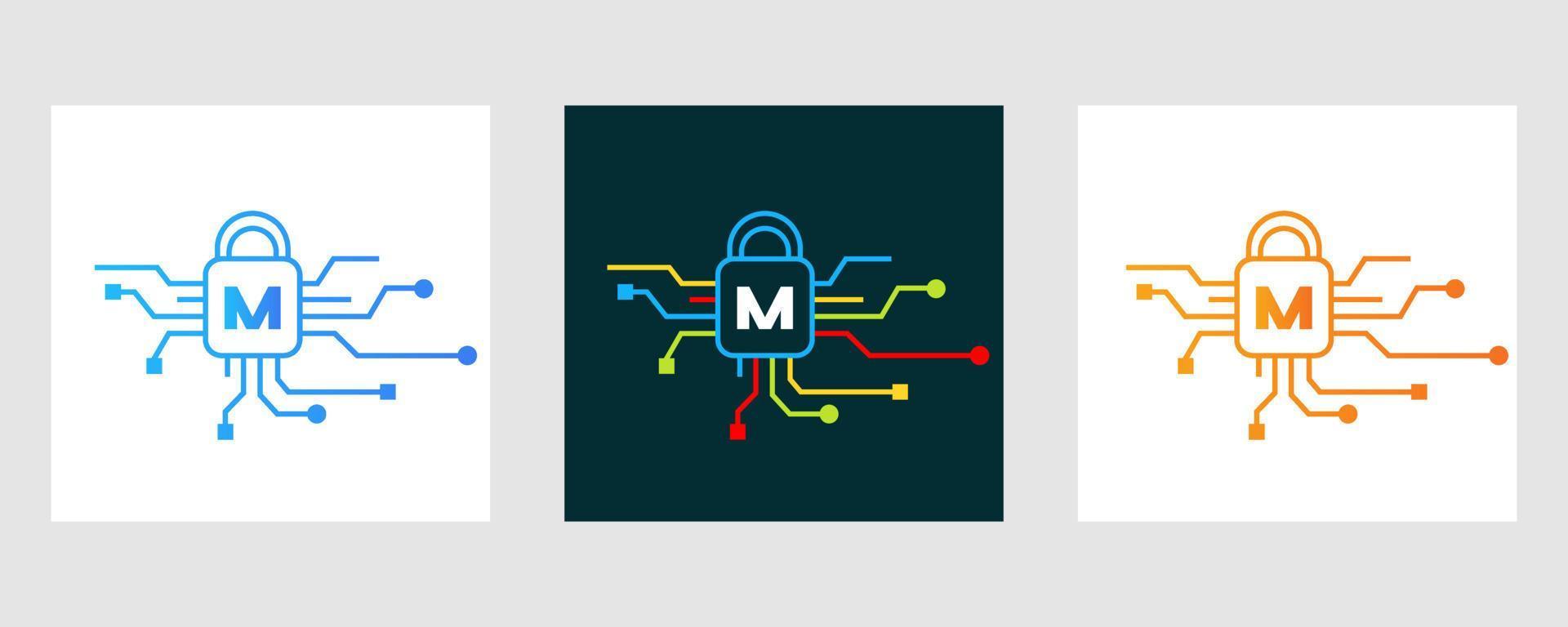 Letter M Cyber Security Logo. Internet Security Sign, Cyber Protection, Technology, Biotechnology Symbol vector