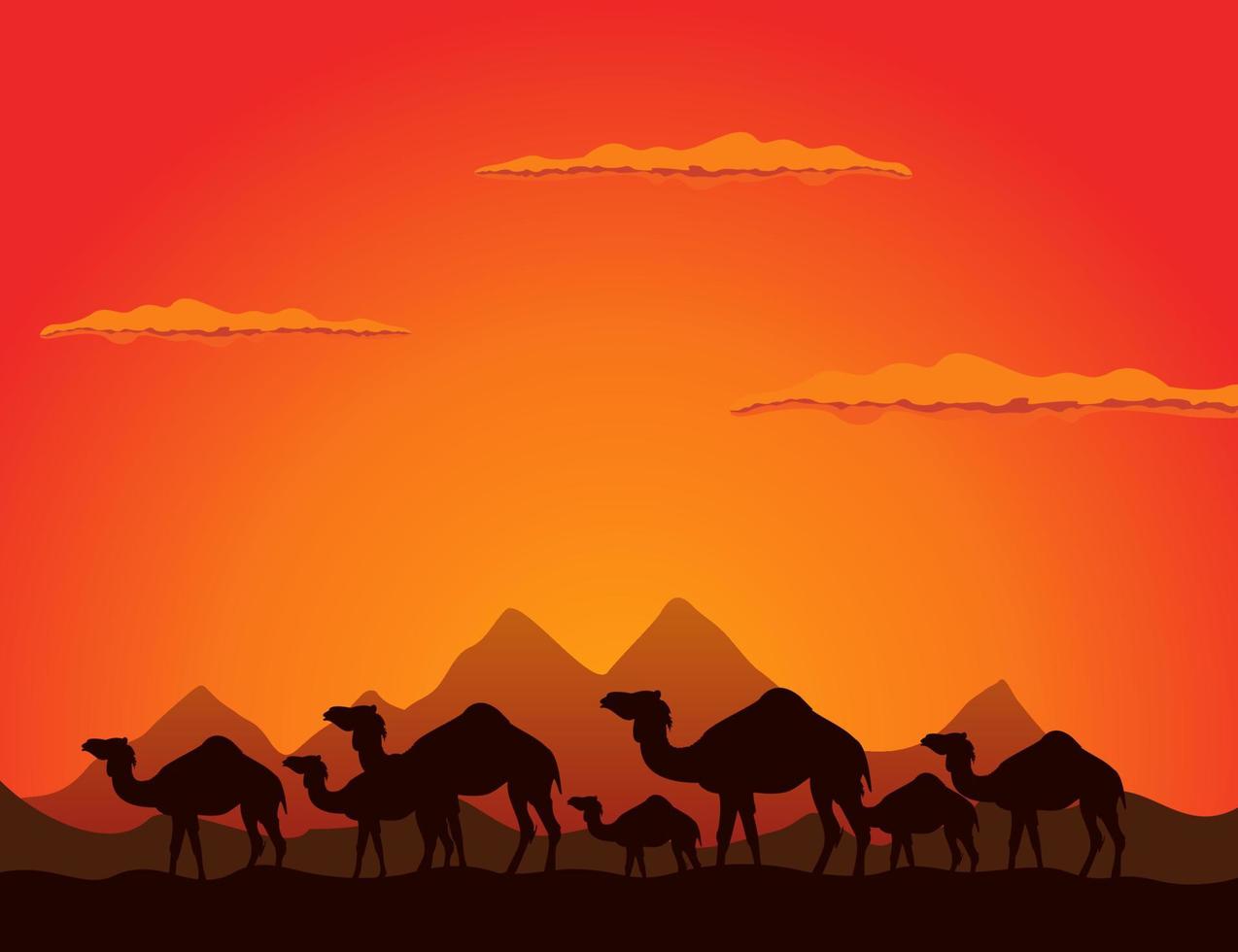 Caravan of camels go on deserts. A vector illustration