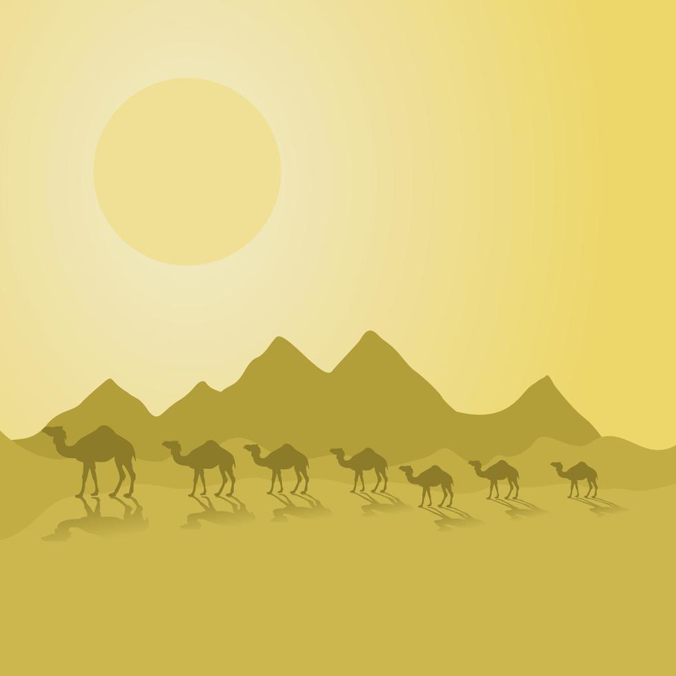 Caravan of camels go on deserts. A vector illustration