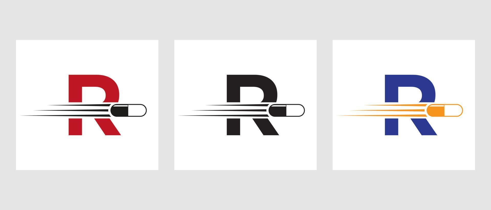 logotipo de la letra r medicina. concepto de logotipo médico con símbolo de pilas de medicina vector