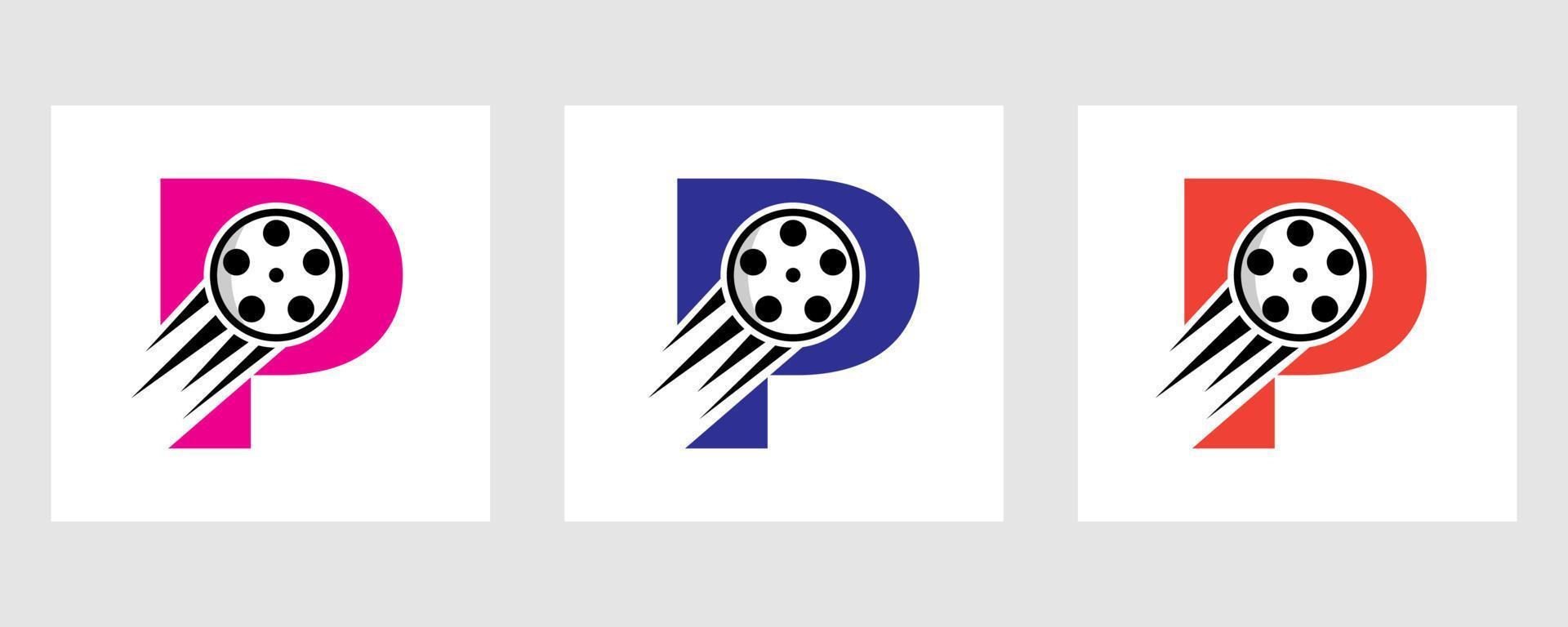 concepto de logotipo de película de letra p con carrete de película para señal de medios, símbolo de director de película vector