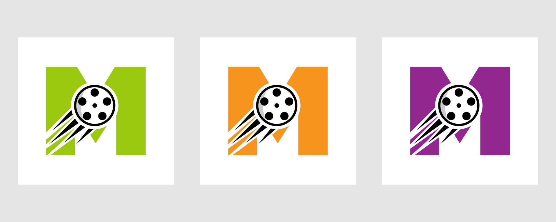 concepto de logotipo de película con letra m con carrete de película para señal de medios, símbolo de director de película vector