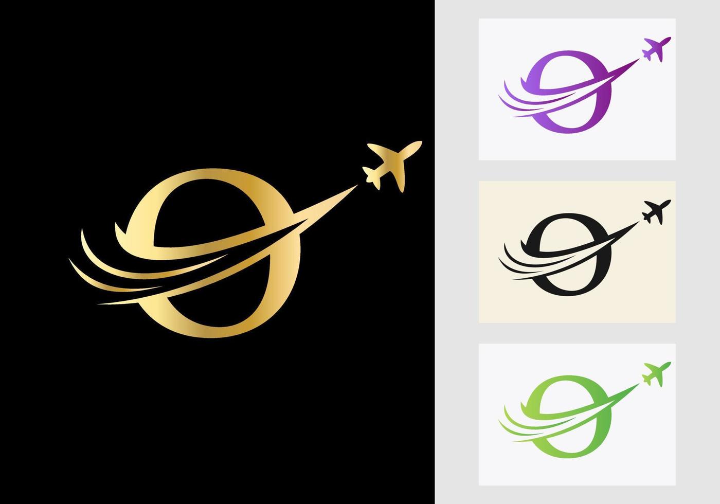 letra o concepto de logotipo de viaje con símbolo de avión volador vector