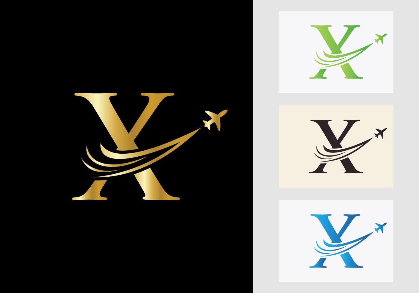 concepto de logotipo de viaje con letra x con símbolo de avión volador vector